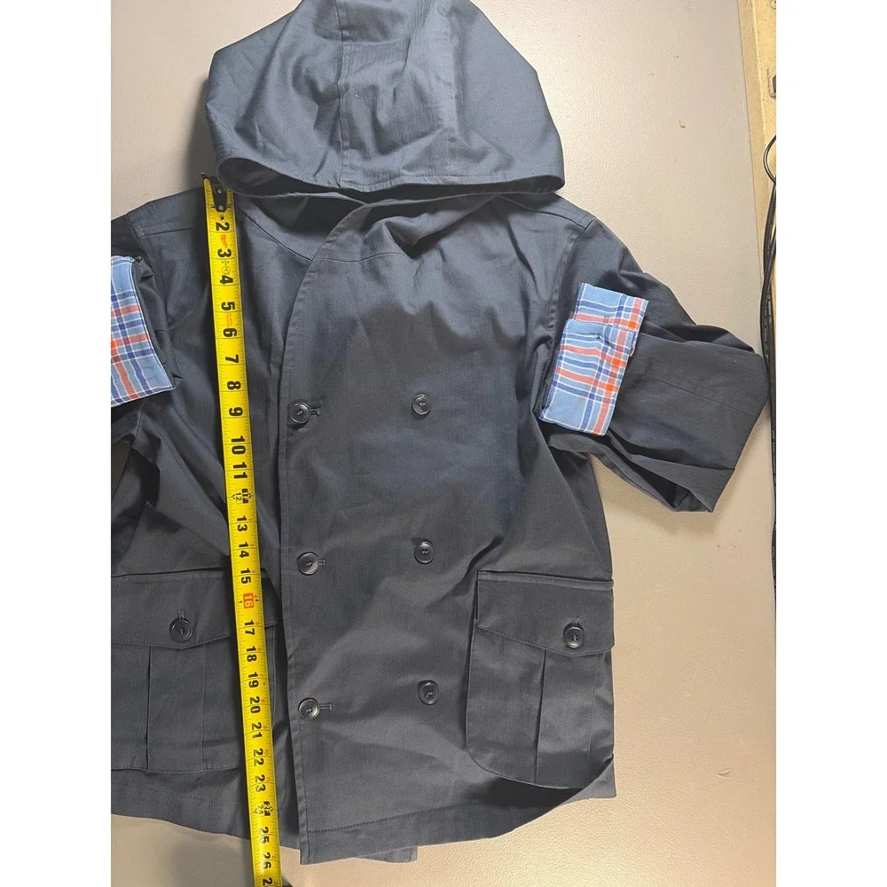 WE-AR4 Hooded Utility Jacket Womens XS Navy Blue Plaid Cuffs Double Breasted NWT - Picture 8 of 10